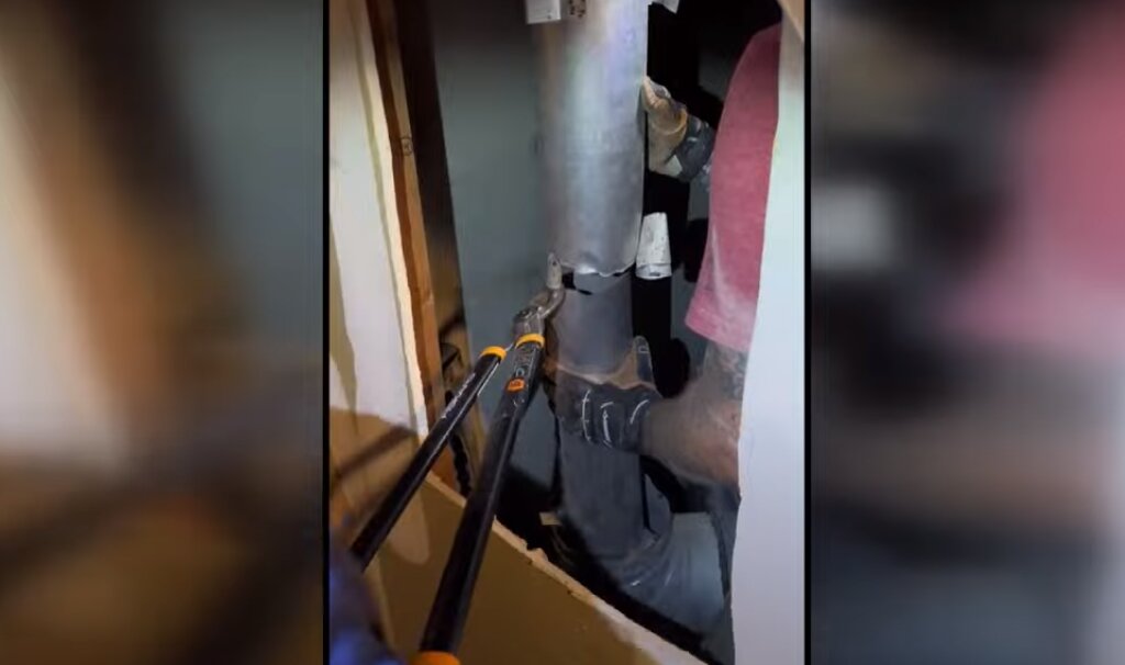 نجات یک بچه گربه از لوله شومینه/ عکس